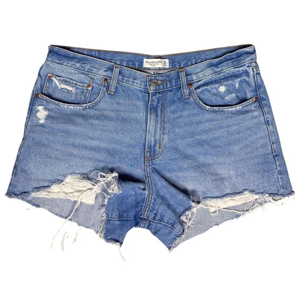 Abercrombie & Fitch Shorts‎ Womens Boyfriend Medium Wash Sz 32/14 Distressed Y2K - Picture 1 of 8